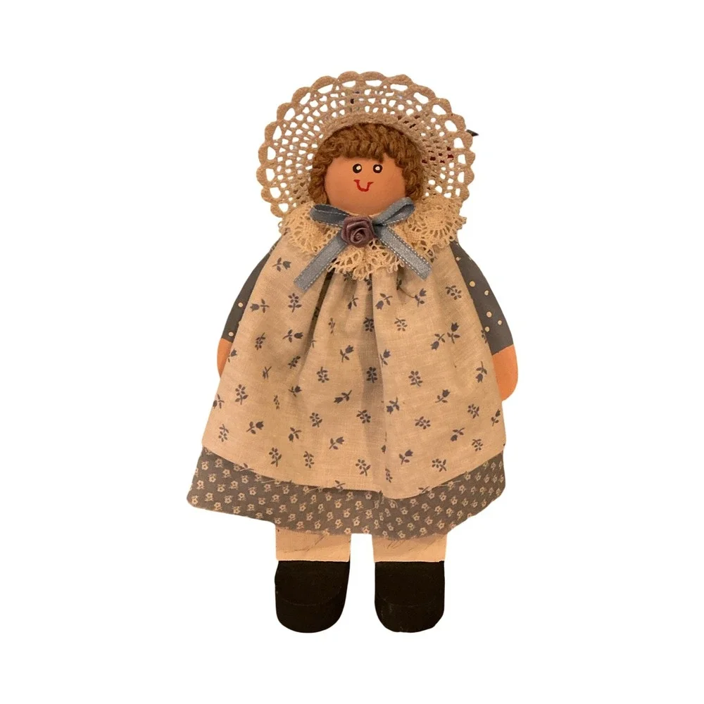 Vintage Handmade Wooden Doll Primitive Farmhouse Decor Blue Floral Lace 9 Inch